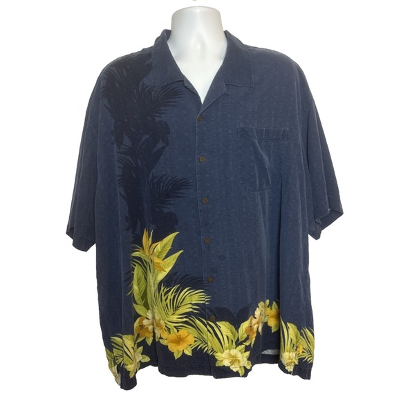 Tommy Bahama Mens XXL Button Up Shirt Beach 100% Silk Floral Hawaiian Blue - Picture 1 of 7